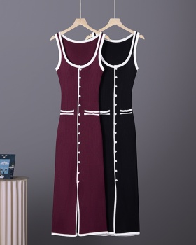 European style multi buckles vest slit mixed colors dress