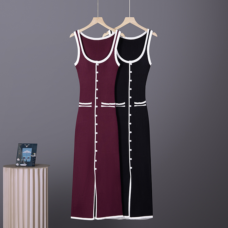 European style multi buckles vest slit mixed colors dress