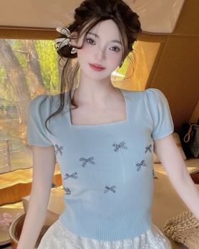 Bow refreshing short sweater short sleeve puff sleeve T-shirt
