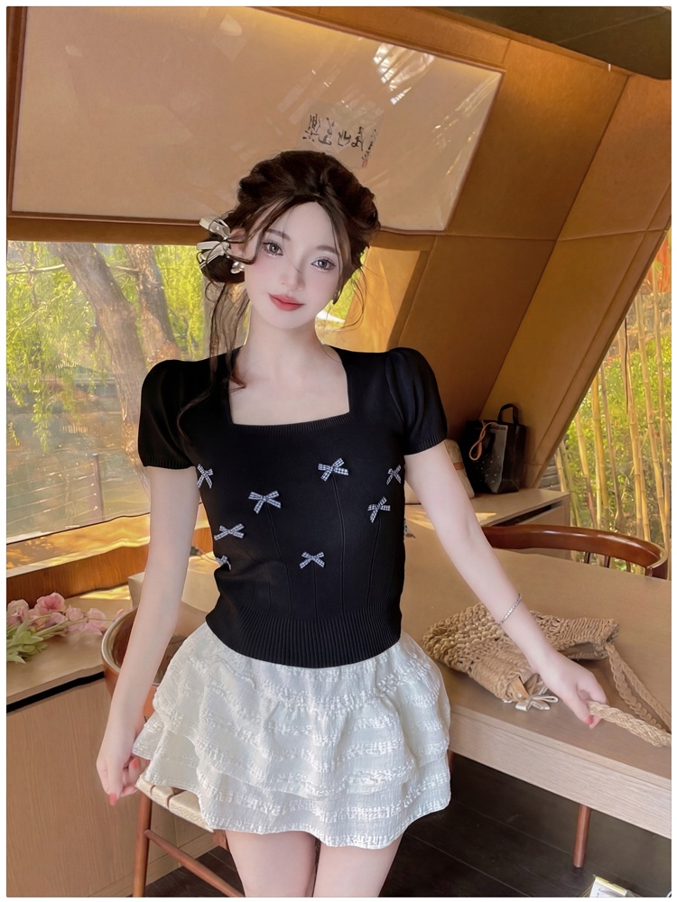 Bow refreshing short sweater short sleeve puff sleeve T-shirt