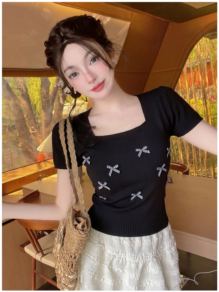Bow refreshing short sweater short sleeve puff sleeve T-shirt