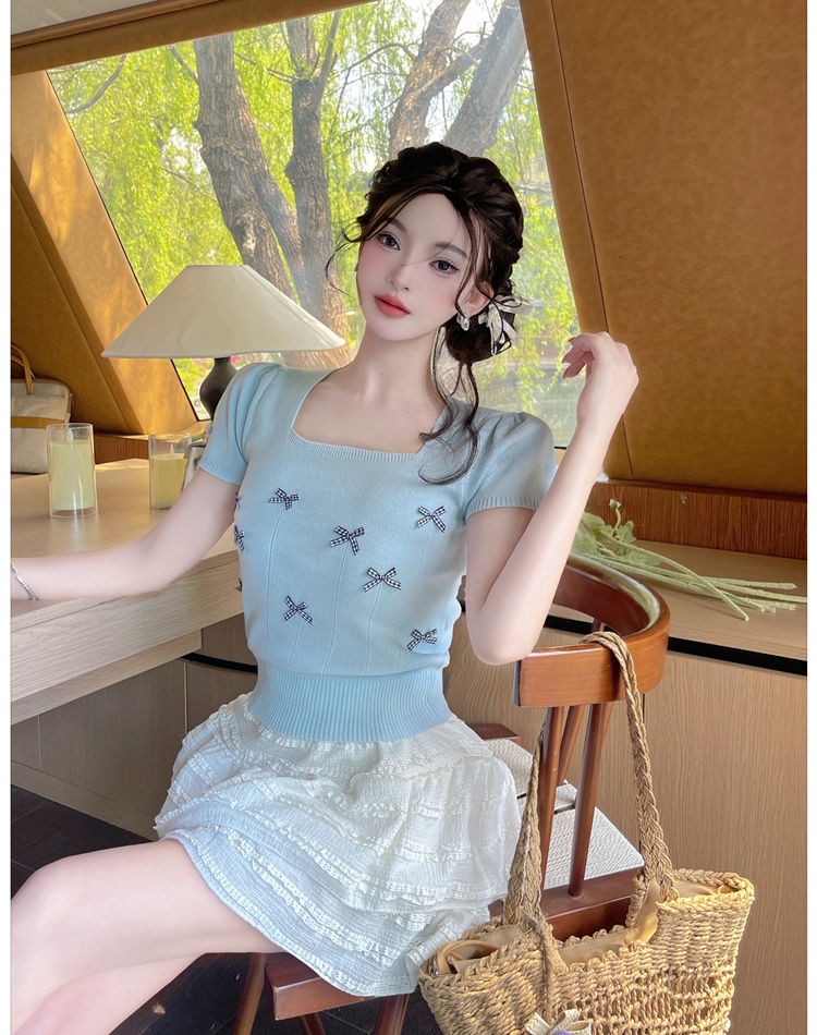Bow refreshing short sweater short sleeve puff sleeve T-shirt
