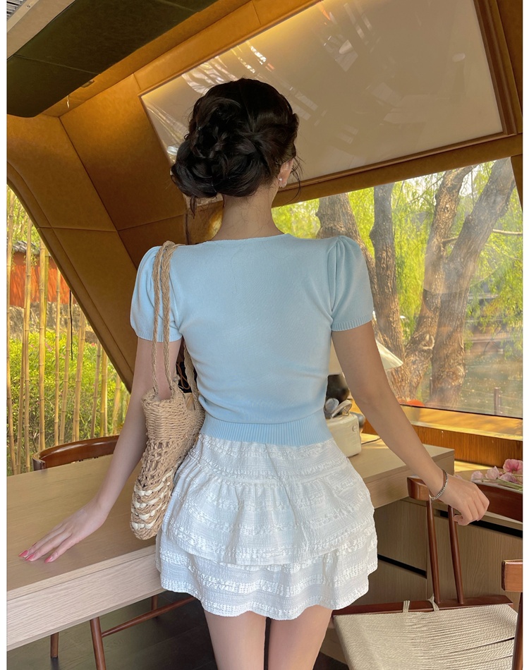 Bow refreshing short sweater short sleeve puff sleeve T-shirt