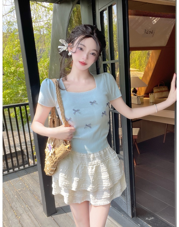 Bow refreshing short sweater short sleeve puff sleeve T-shirt