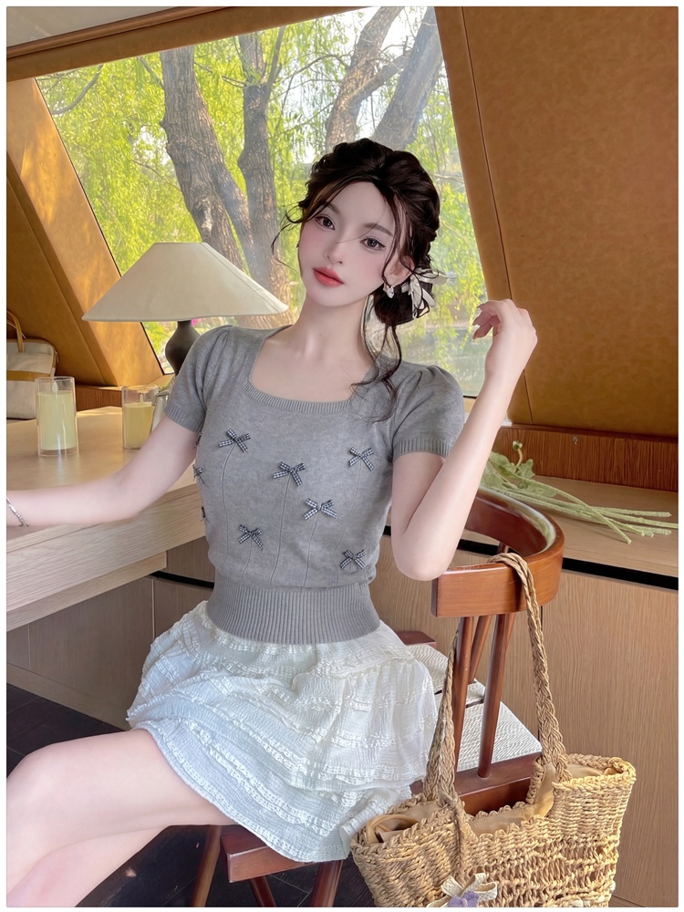 Bow refreshing short sweater short sleeve puff sleeve T-shirt