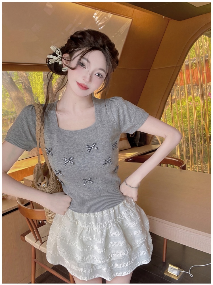 Bow refreshing short sweater short sleeve puff sleeve T-shirt