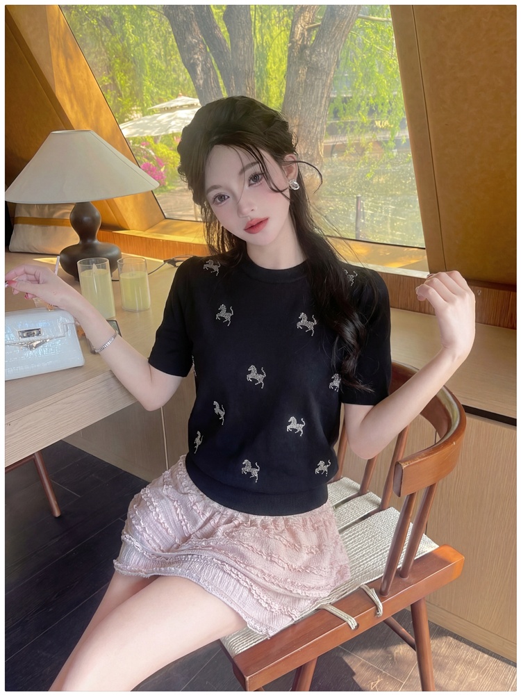 Fashion round neck pony tops simple all-match sweater