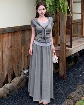 Short sleeve stripe T-shirt summer skirt 2pcs set for women