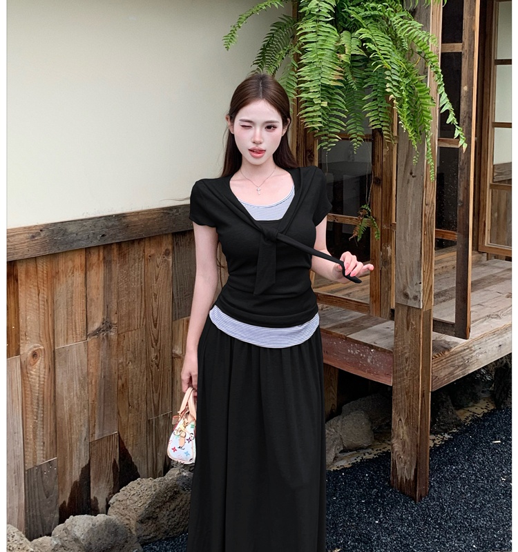 Short sleeve stripe T-shirt summer skirt 2pcs set for women