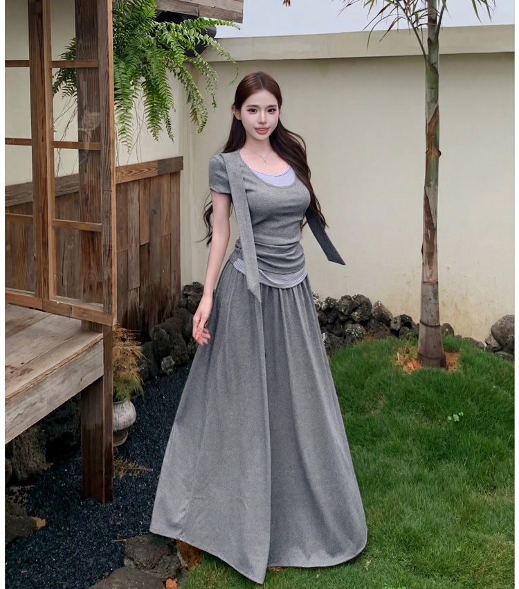 Short sleeve stripe T-shirt summer skirt 2pcs set for women