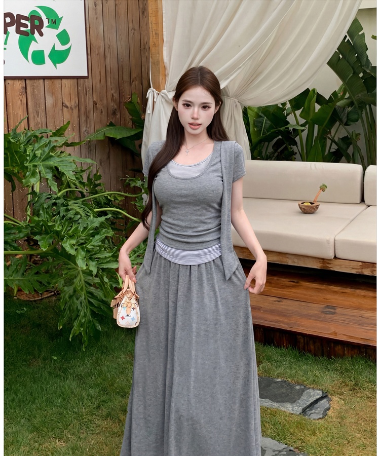 Short sleeve stripe T-shirt summer skirt 2pcs set for women