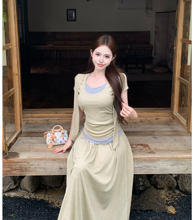 Short sleeve stripe T-shirt summer skirt 2pcs set for women