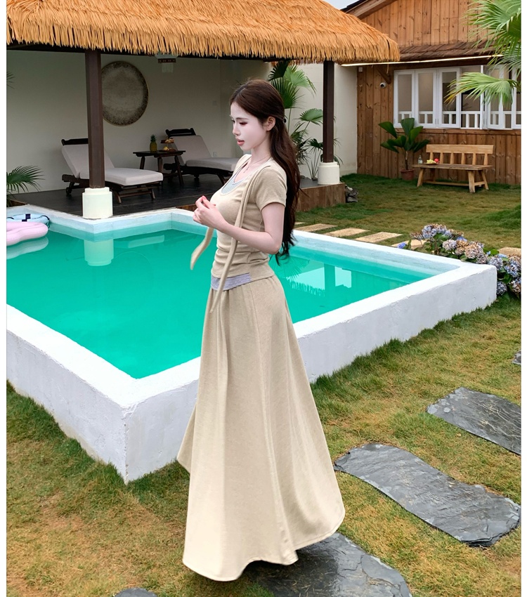 Short sleeve stripe T-shirt summer skirt 2pcs set for women