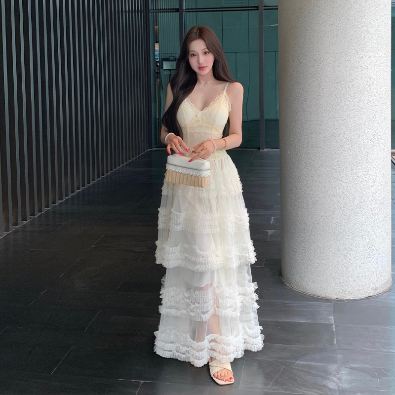 Cake gauze lace skirt splice beauty back lady tops a set