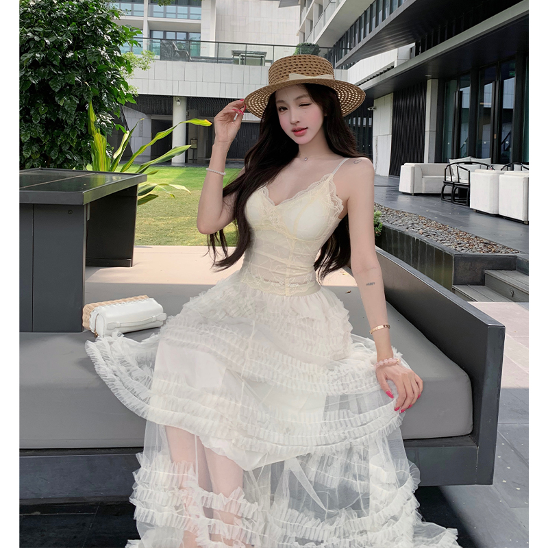 Cake gauze lace skirt splice beauty back lady tops a set
