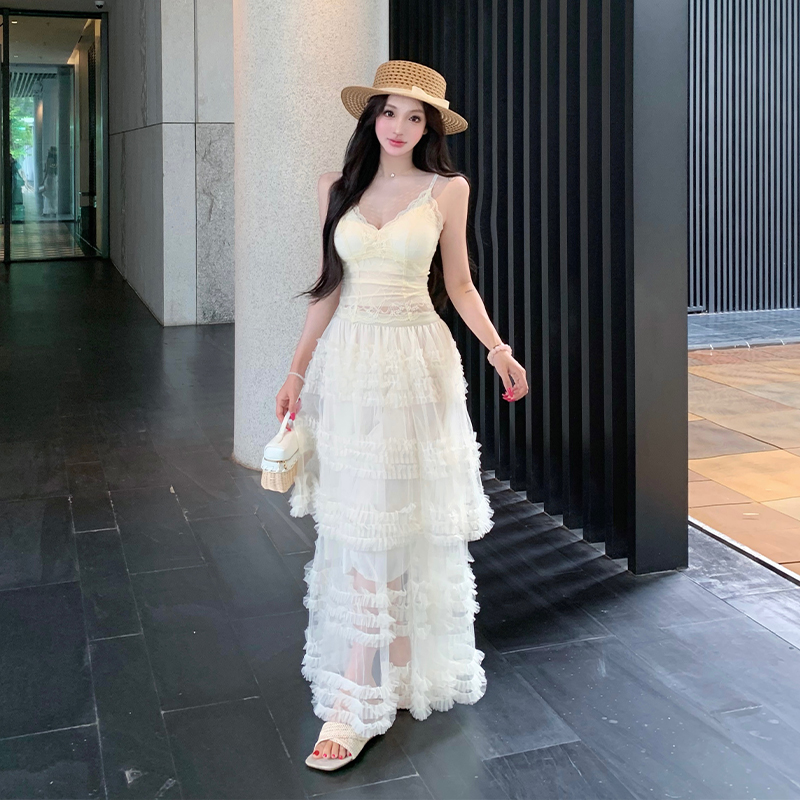 Cake gauze lace skirt splice beauty back lady tops a set