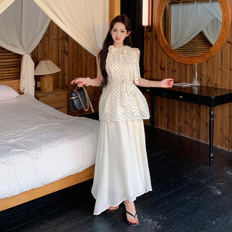 France style polka dot skirt tender tops a set