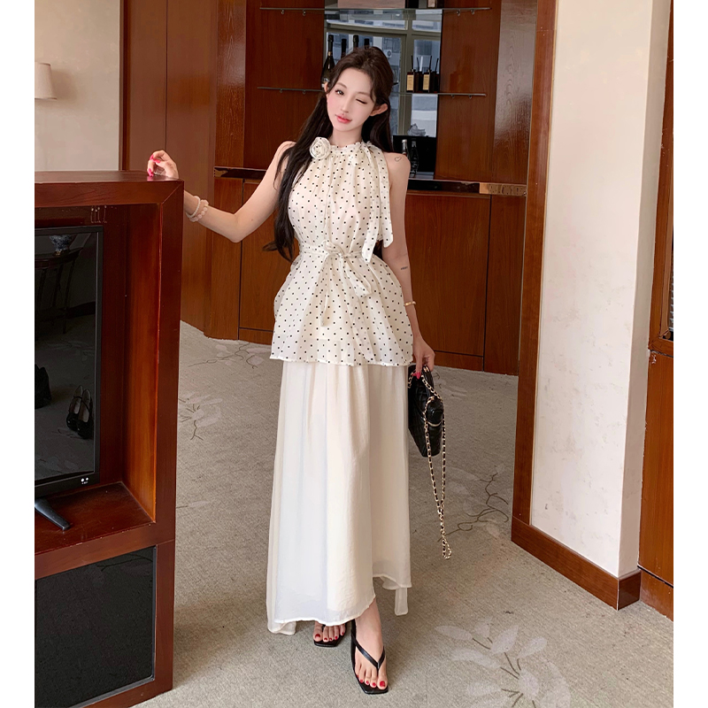 France style polka dot skirt tender tops a set