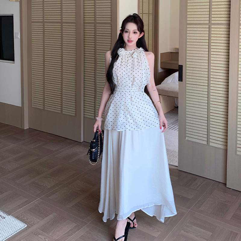 France style polka dot skirt tender tops a set