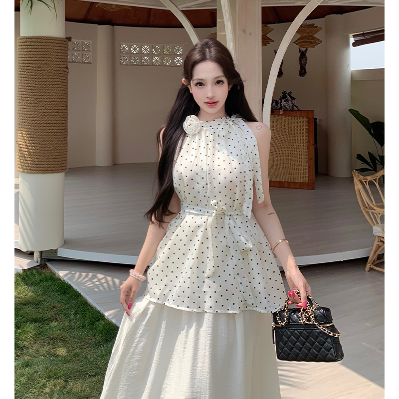 France style polka dot skirt tender tops a set