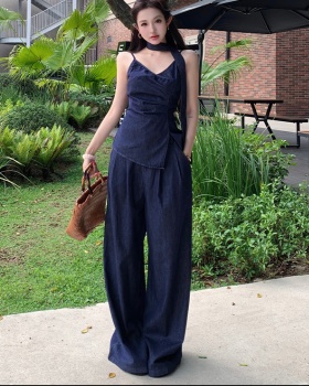 Summer denim tops sling wide leg pants a set for women