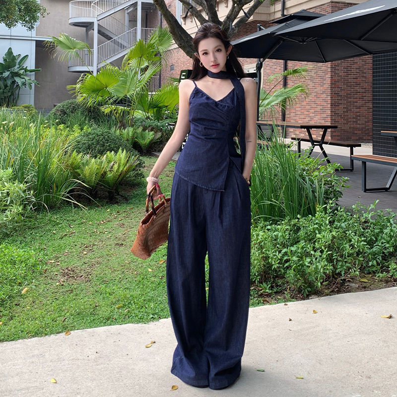 Summer denim tops sling wide leg pants a set for women
