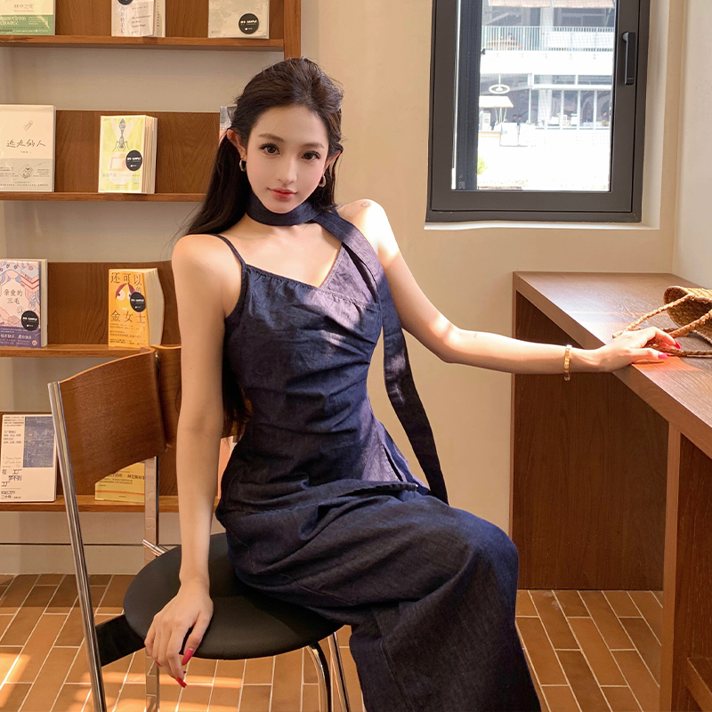 Summer denim tops sling wide leg pants a set for women