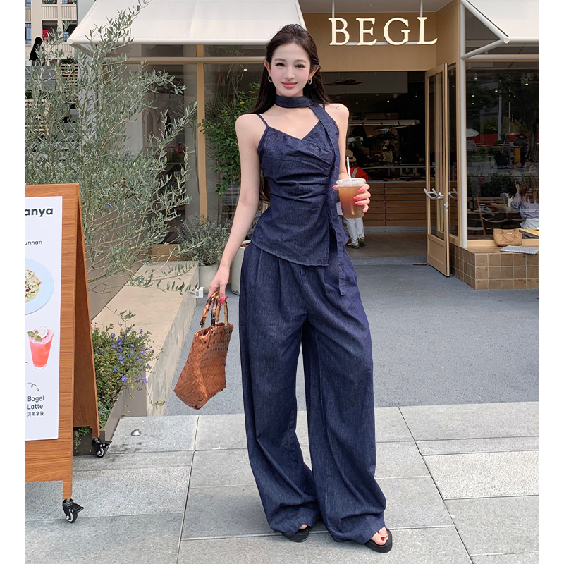 Summer denim tops sling wide leg pants a set for women