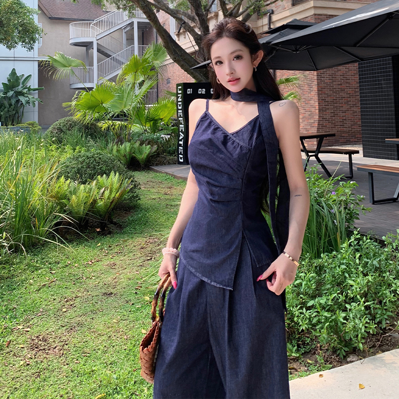 Summer denim tops sling wide leg pants a set for women