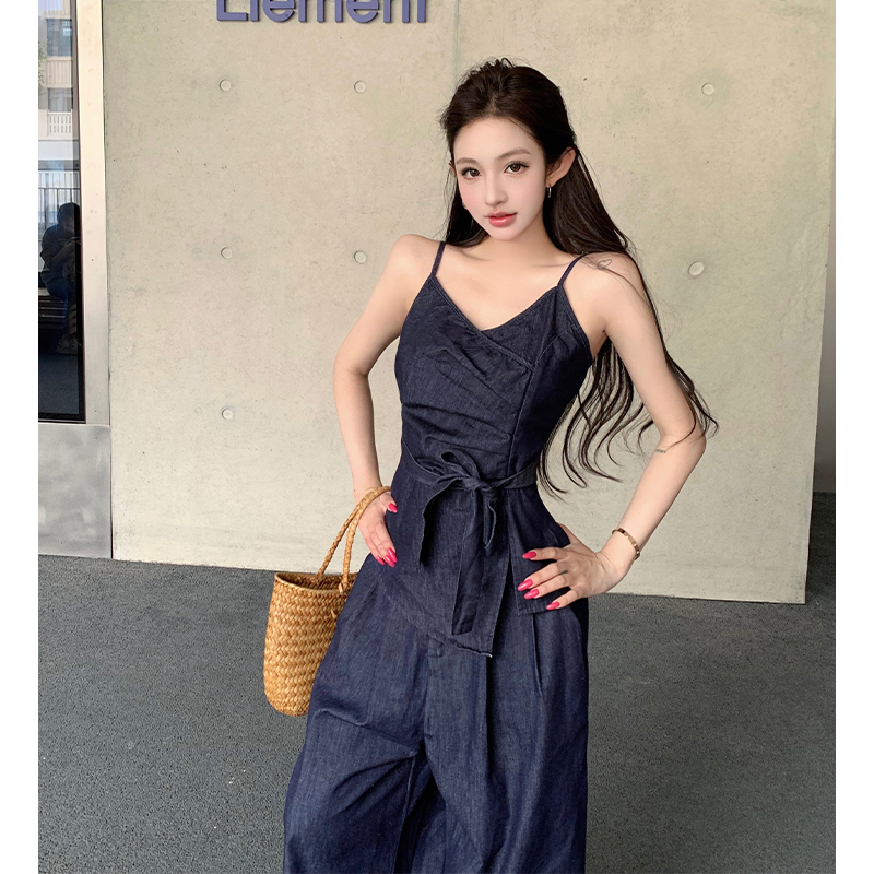 Summer denim tops sling wide leg pants a set for women