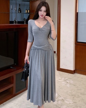 Summer Korean style long dress gray slim dress for women