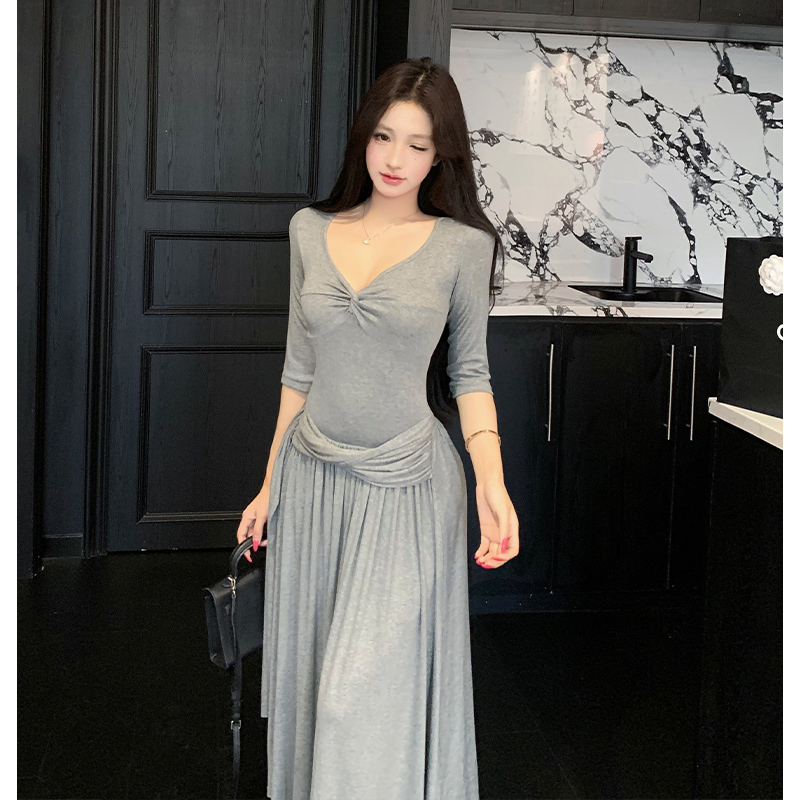 Summer Korean style long dress gray slim dress for women
