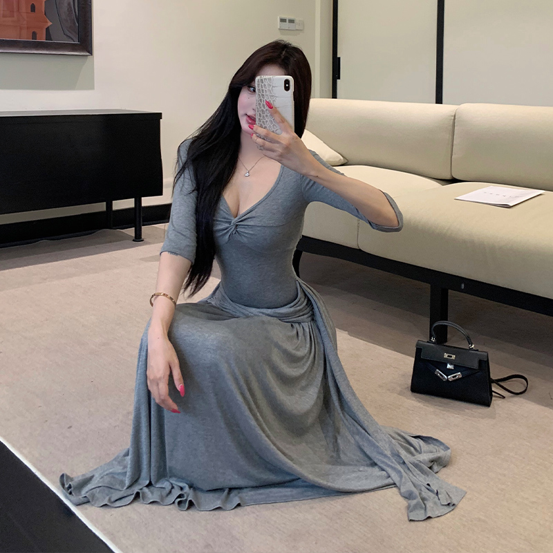 Summer Korean style long dress gray slim dress for women