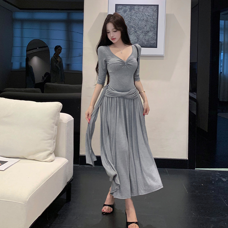 Summer Korean style long dress gray slim dress for women
