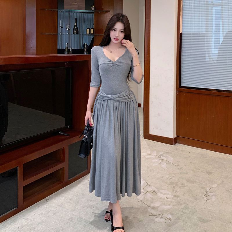 Summer Korean style long dress gray slim dress for women