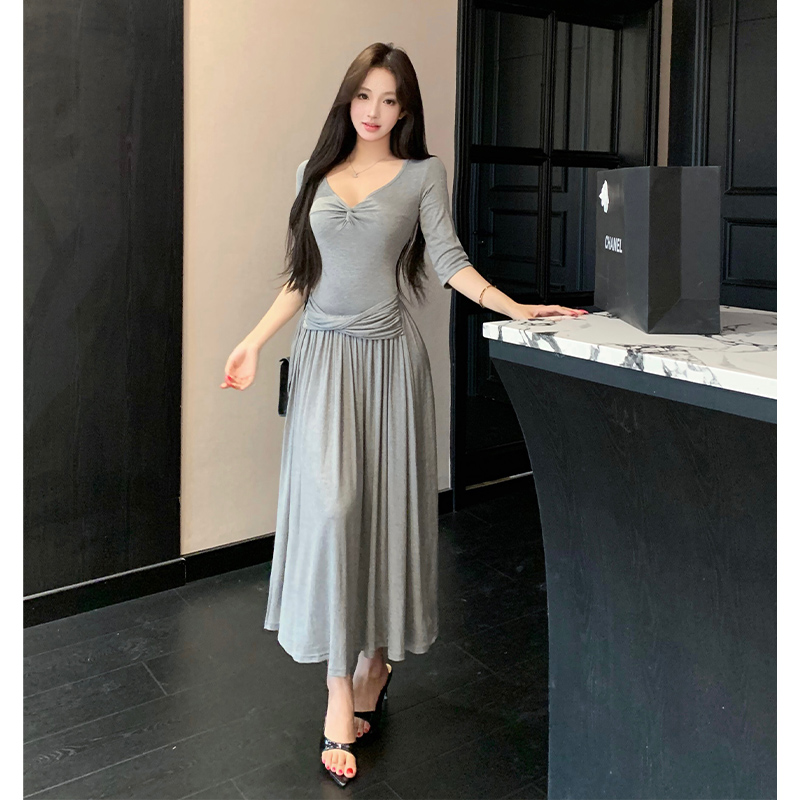Summer Korean style long dress gray slim dress for women
