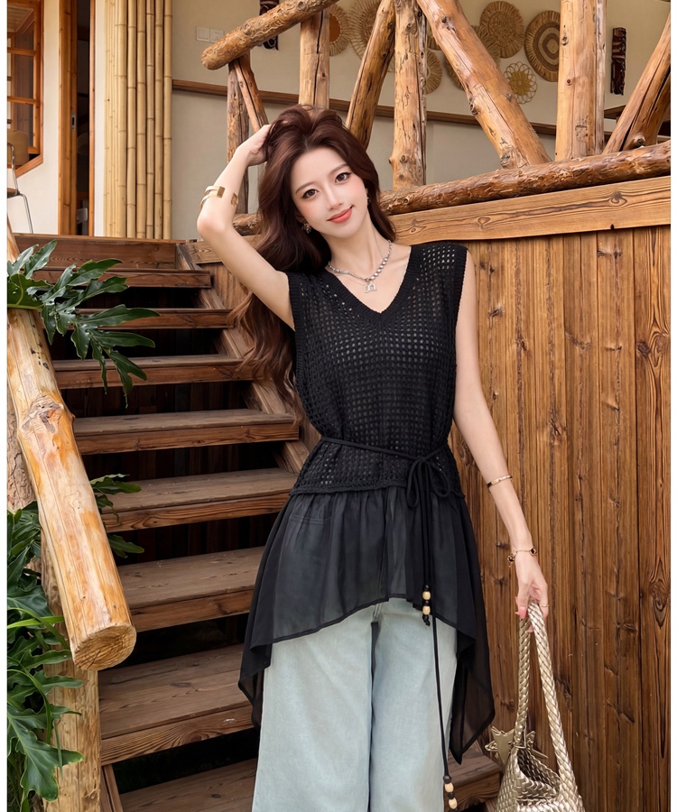 Knitted Korean style tops splice V-neck vest for women