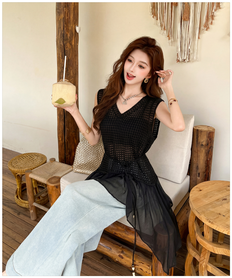 Knitted Korean style tops splice V-neck vest for women