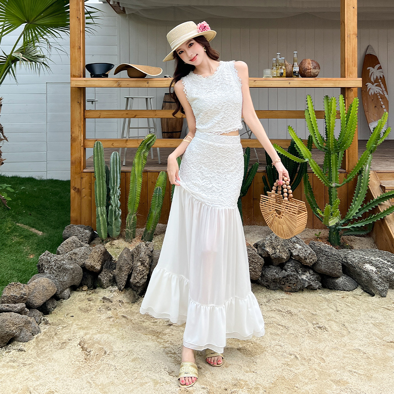 Sleeveless tops France style skirt a set for women