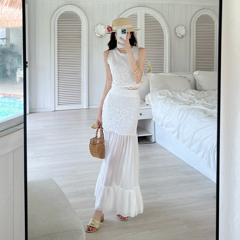 Sleeveless tops France style skirt a set for women