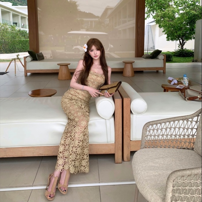 Sling ladies temperament dress package hip hollow long dress