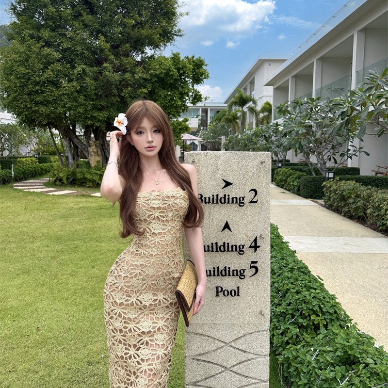 Sling ladies temperament dress package hip hollow long dress