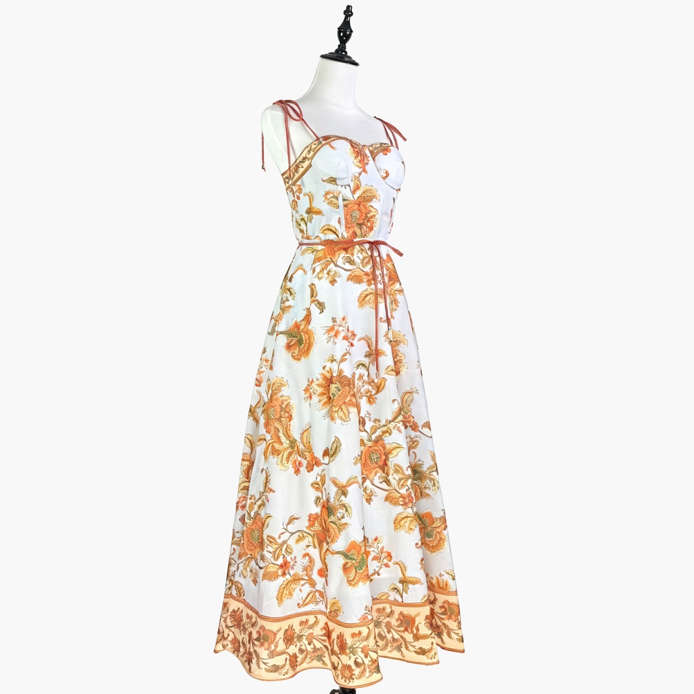 Vacation retro patterns dress navy-blue summer strap dress