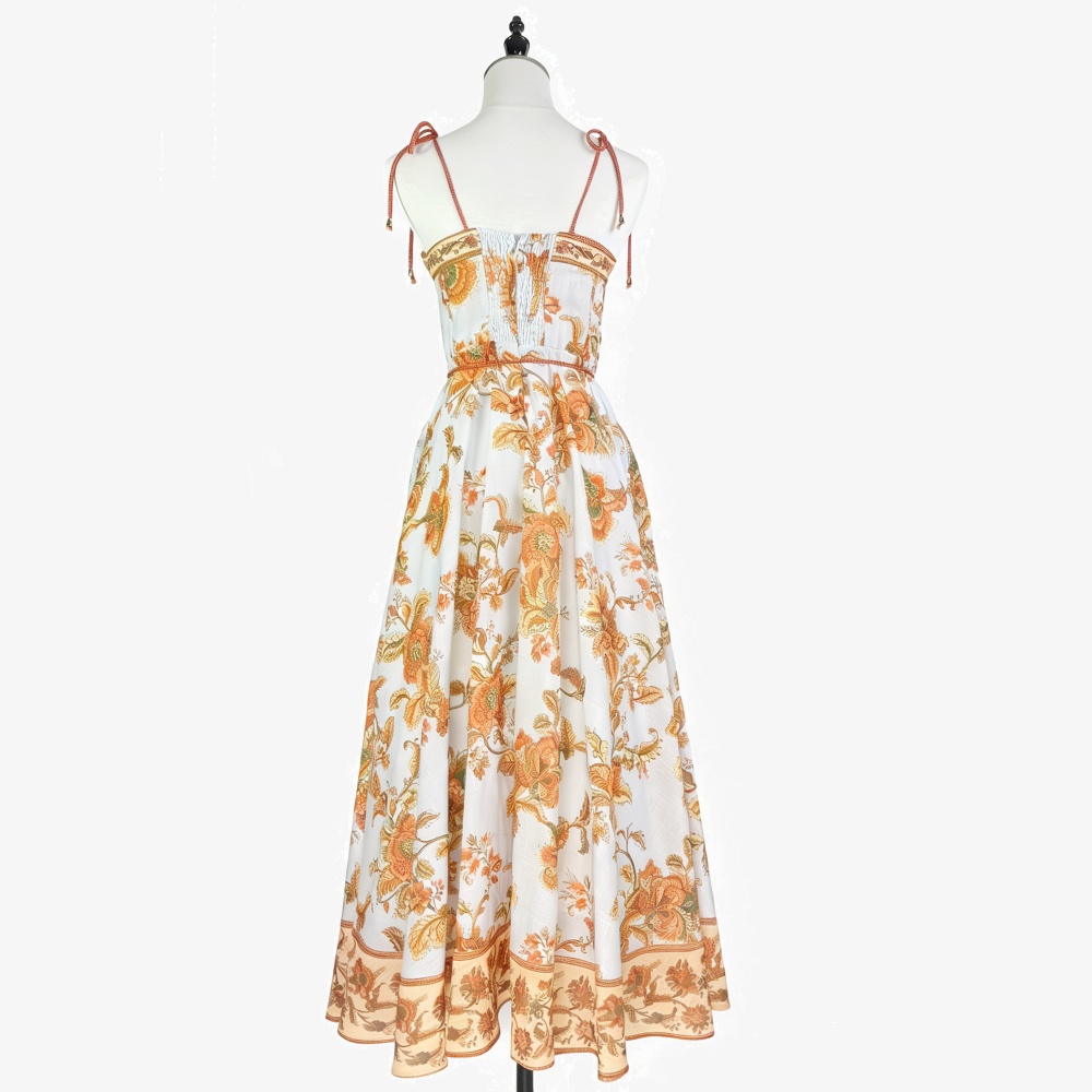 Vacation retro patterns dress navy-blue summer strap dress