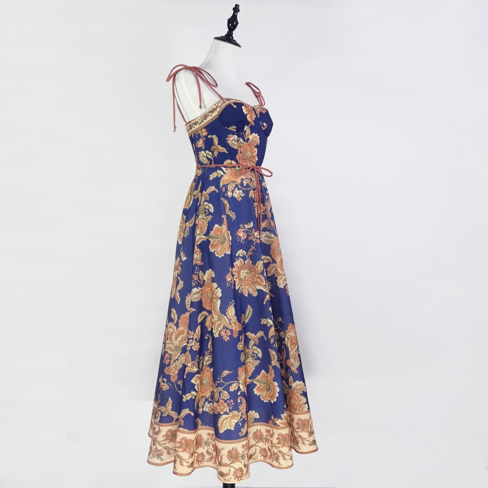 Vacation retro patterns dress navy-blue summer strap dress