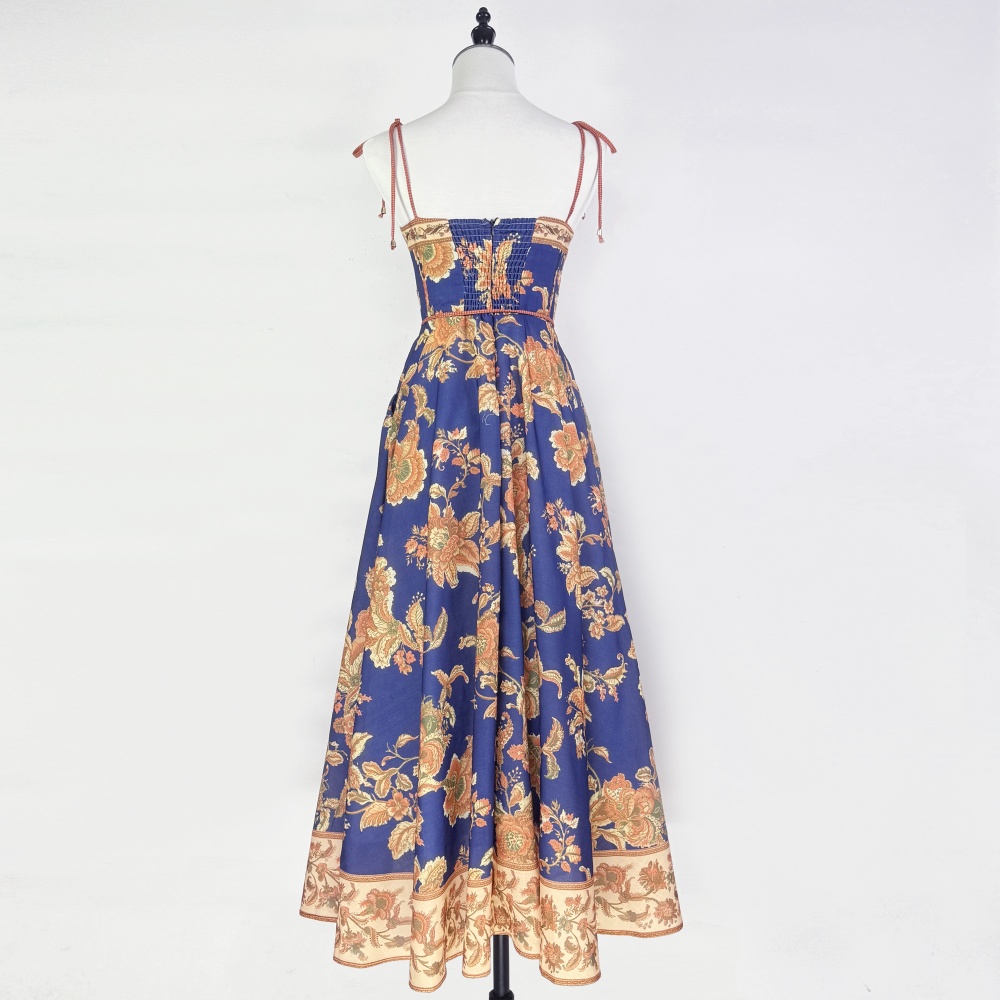 Vacation retro patterns dress navy-blue summer strap dress