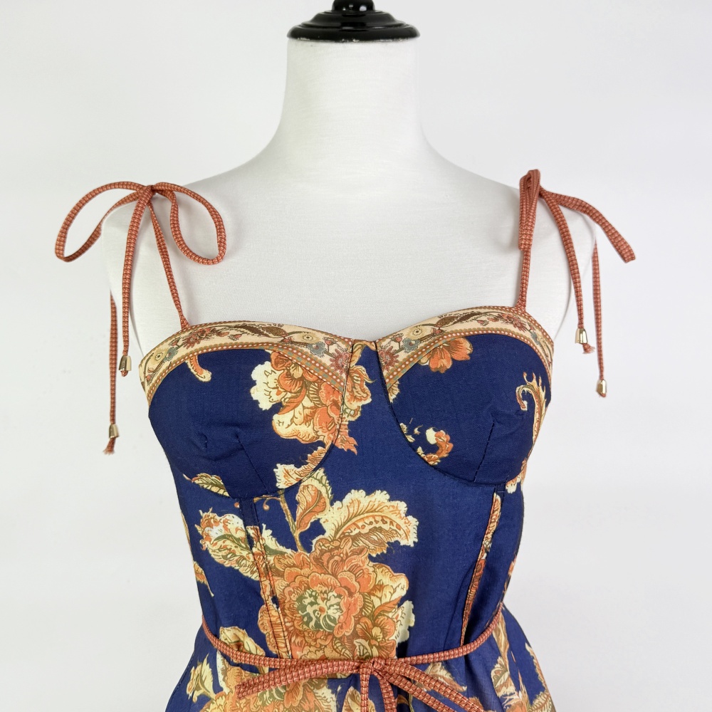 Vacation retro patterns dress navy-blue summer strap dress