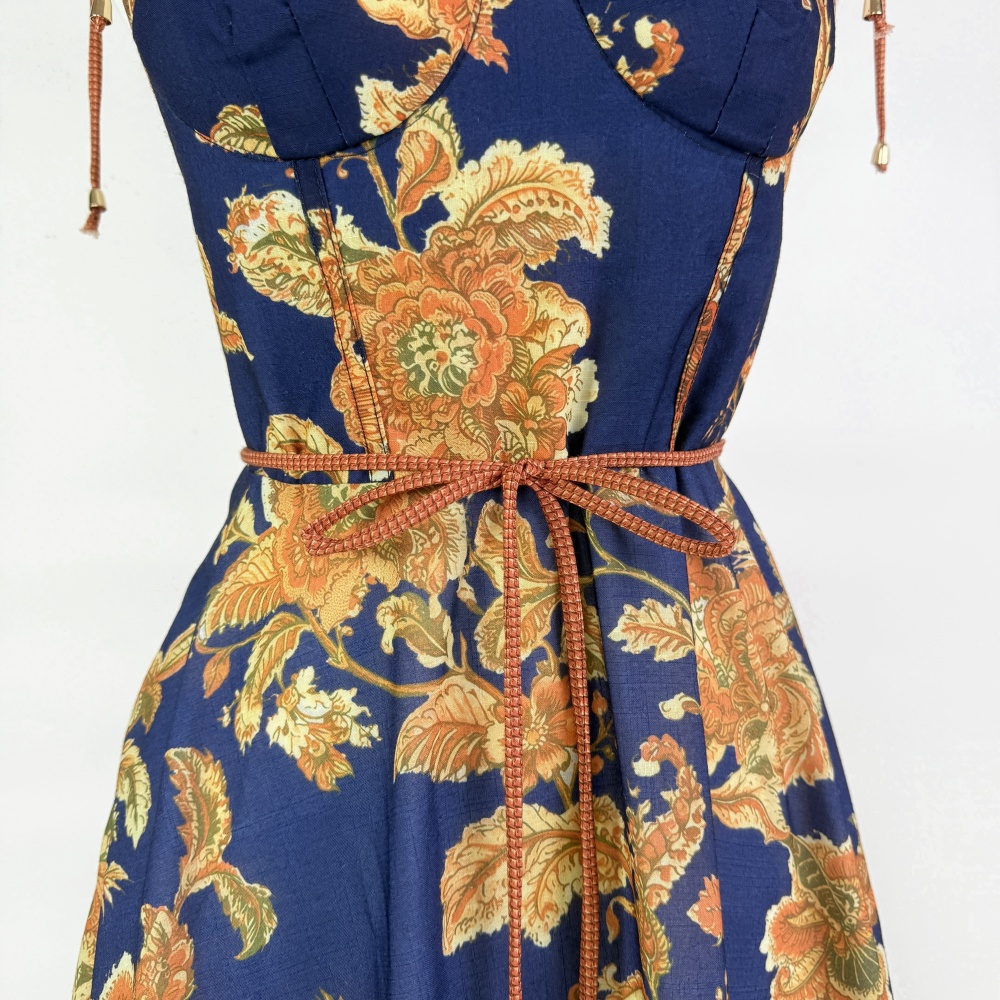 Vacation retro patterns dress navy-blue summer strap dress