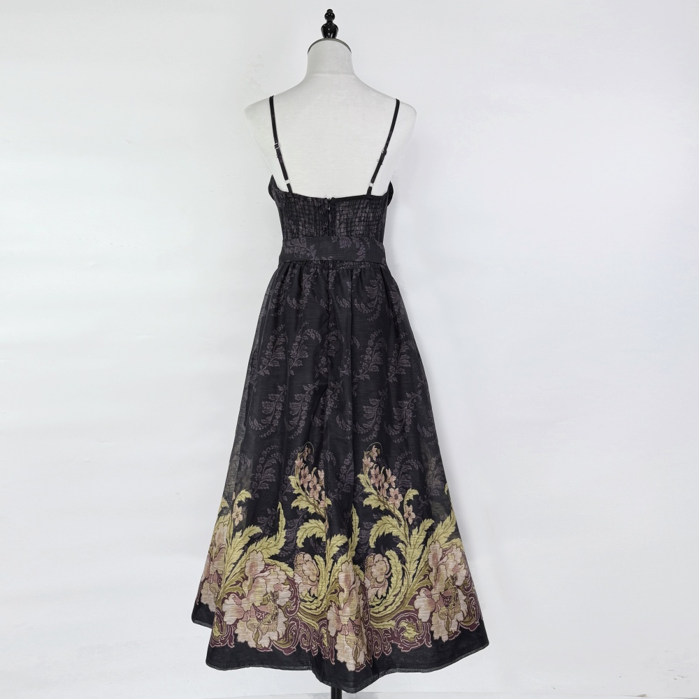 Sling European style dress pinched waist strap dress