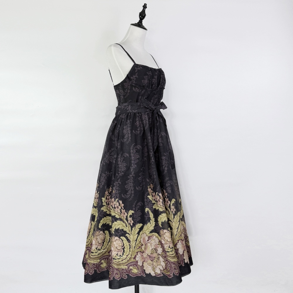 Sling European style dress pinched waist strap dress